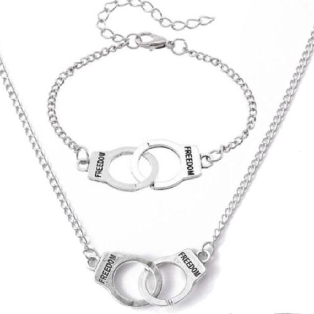 Jewelry Set ~ Law Enforcement Handcuffs ~ Silver ~ Necklace & Bracelet Set